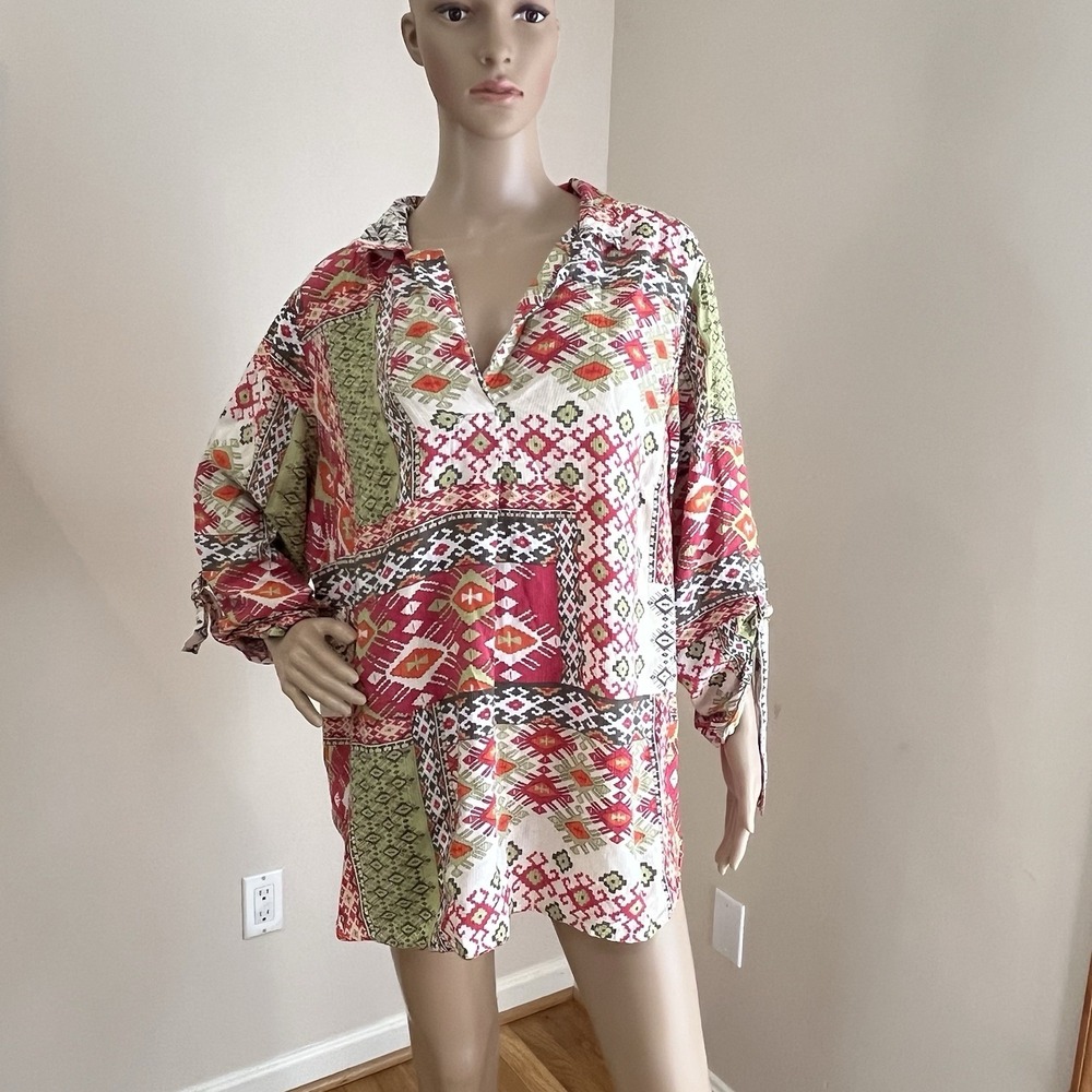 Ruby Rd Top Womens 1X Pullover Colorful Ikat‎ 3/4 Roll Tab Sleeve Casual Blouse